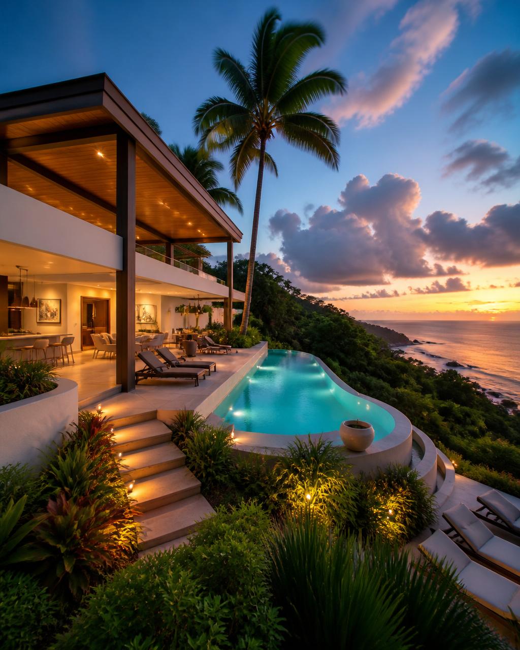 Luxury tropical home with infinity pool overlooking the ocean at sunset