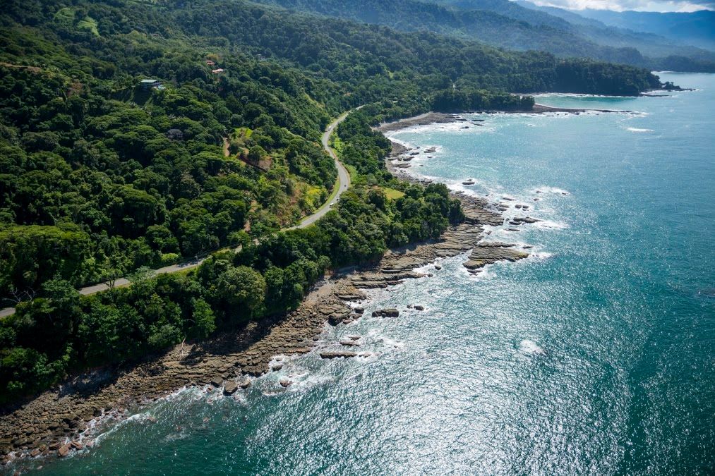 Aerial view of the Costanera Highway along Costa Rica's Southern Zone coastline