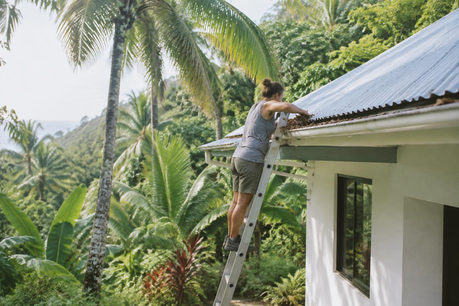 Clearing leaves from the gutter of a tropical home in Costa Rica's southern zone