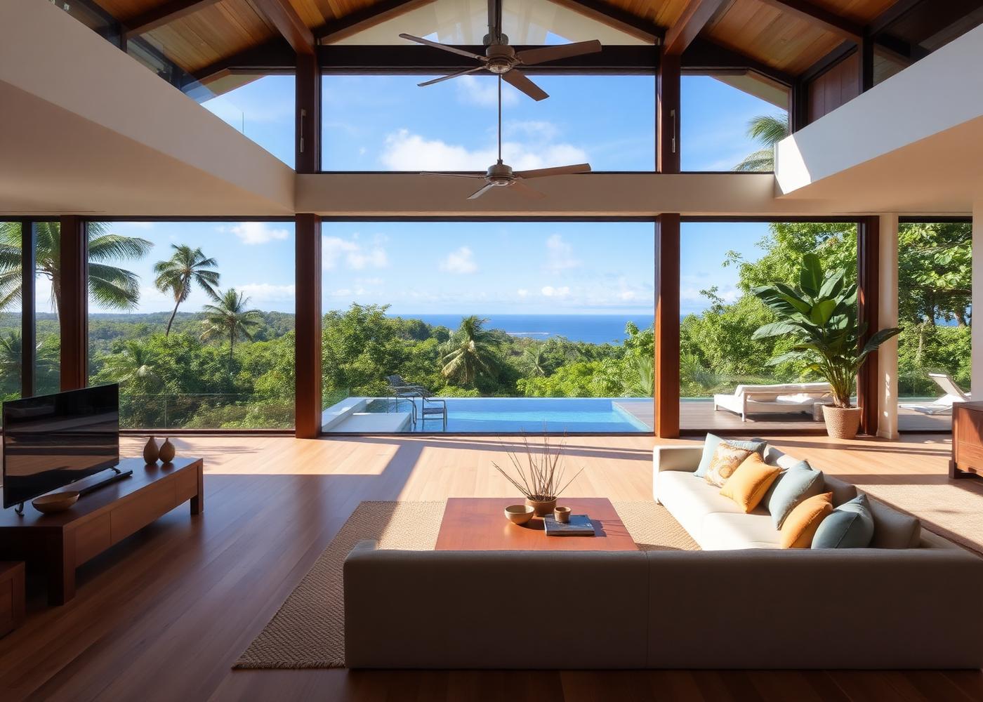 Open-concept tropical modern living room with jungle and ocean view