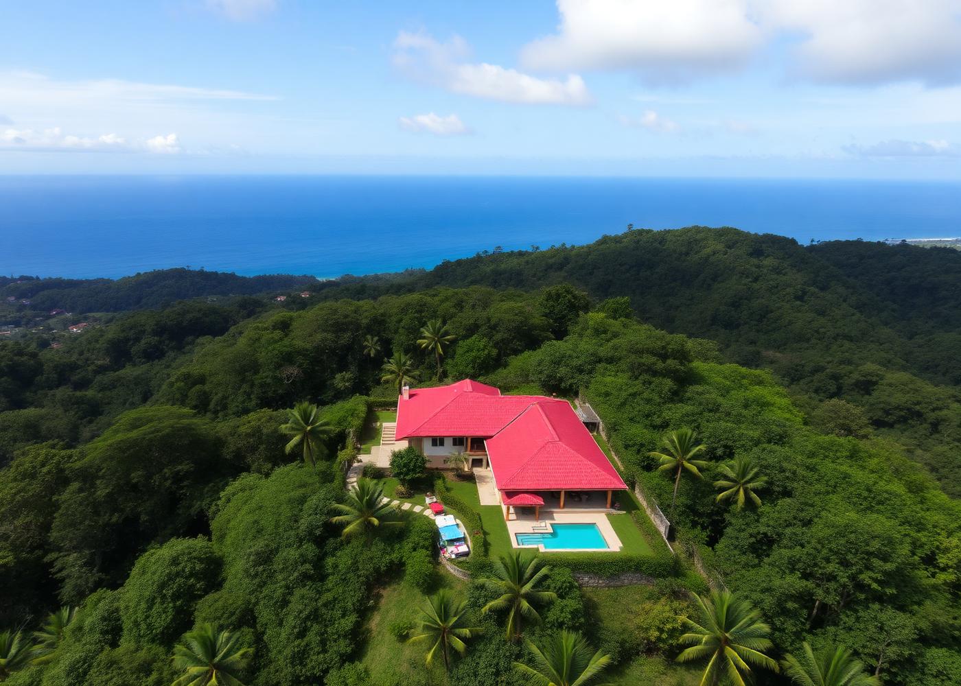 Aerial view of a red-roofed hillside estate above the Pacific in Costa Rica