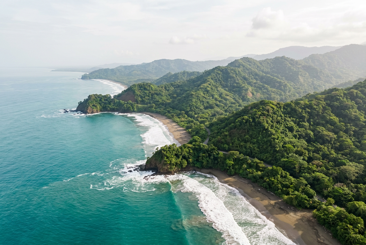 Aerial view of a hillside home surrounded by rainforest with the Pacific beyond
