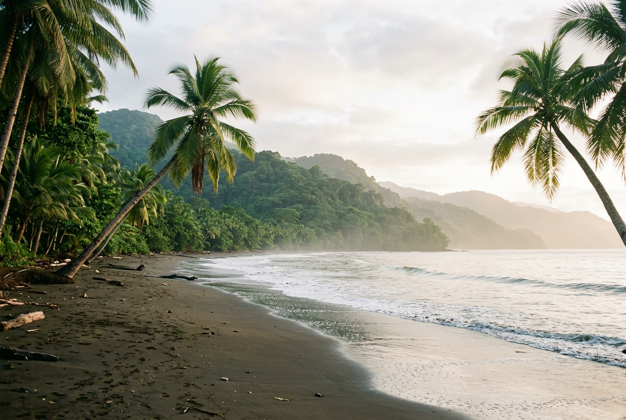 Palms leaning over an empty Pacific beach on Costa Rica's Costa Ballena coastline