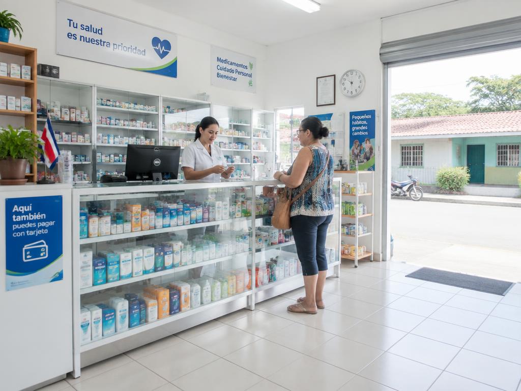 Pharmacy counter with shelves of health supplies