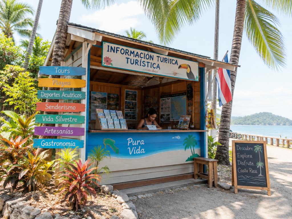 Tourist information storefront with local activity signs